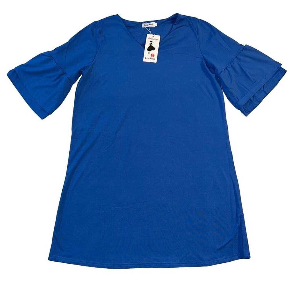 Leo Rosi Womens Kelsey Tunic Dress Bell Sleeve Shirt Dress Royal Blue Medium